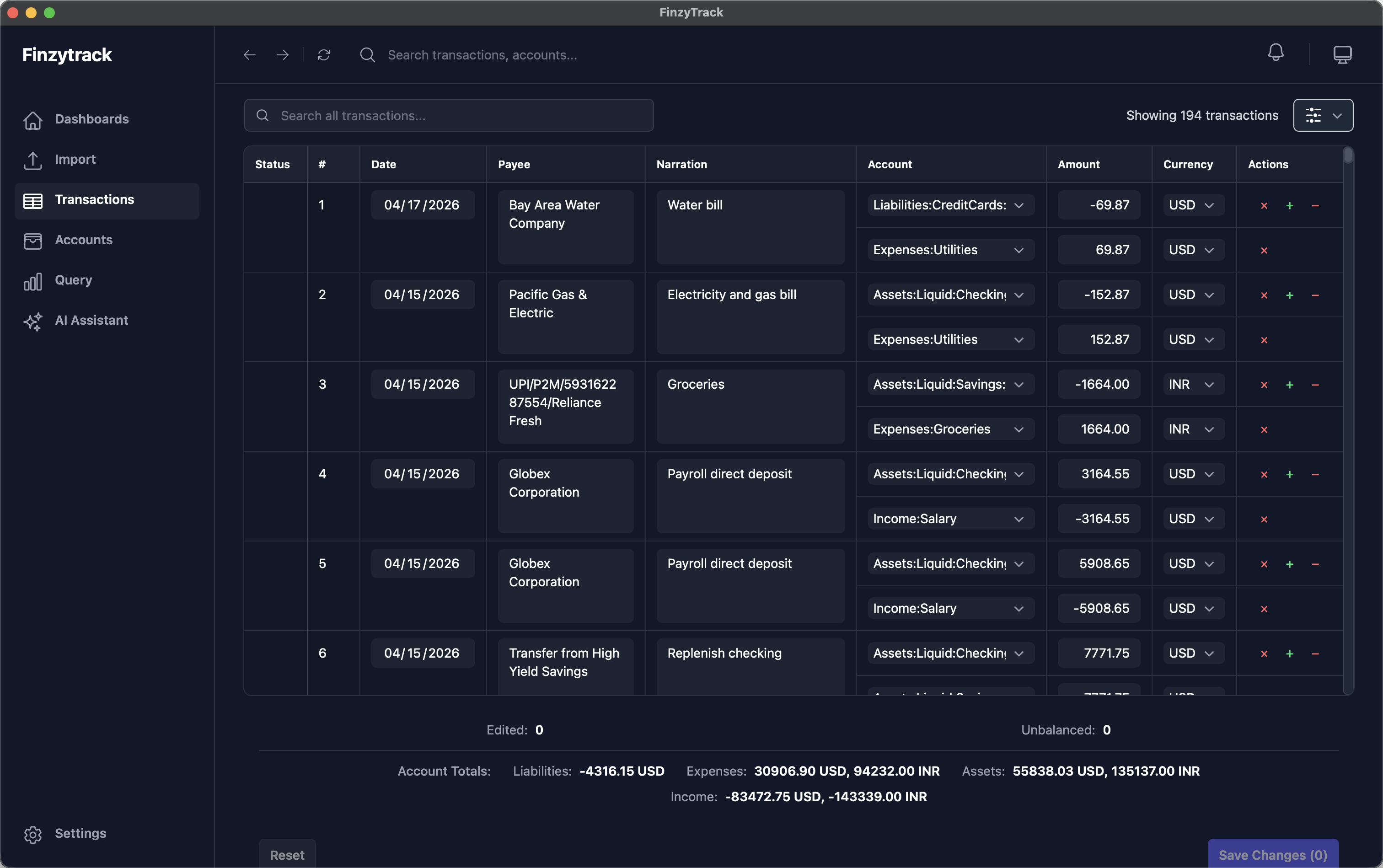 Finzytrack Transactions list