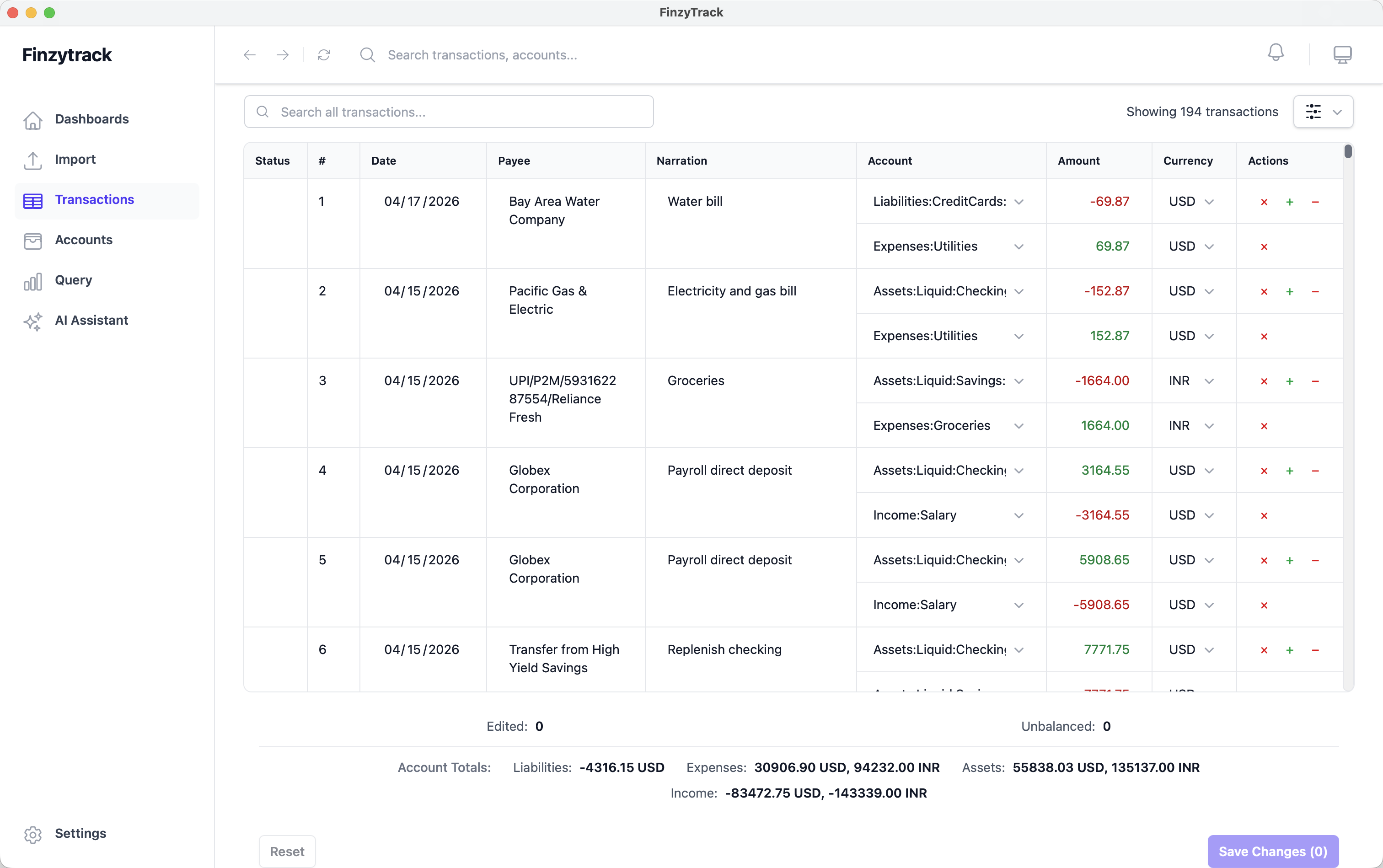 Finzytrack Transactions list